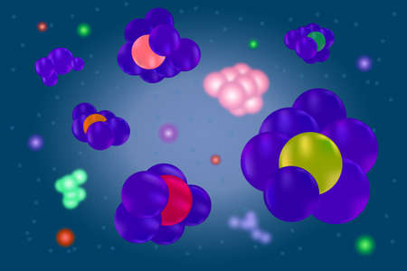 Molecules of blue background. Abstract background with colorful atoms. Color spheres design. Blue...