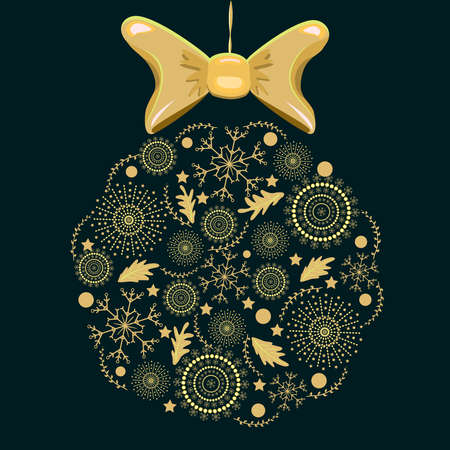 Christmas golden ornament hanging isolated on dark background. Creative Christmas ball with snowflake pattern. Christmas or New year decorative snowflake baubles. Winter holiday decoration. Stock vector illustrationのイラスト素材