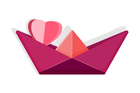 Paper boat with red heart isolated on white background. Paper cut and craft style. Pink heart in love paper ship.のイラスト素材