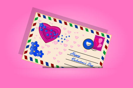 Valentines day envelope isolated on pink background. Love letter with paper heart and blue flowers. Retro airmail envelope with stamp, front view. Paper cut art. Valentines day card. Stock vector illustrationのイラスト素材