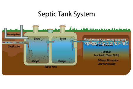 Mobile home septic system and drain field scheme. Underground septic system diagram. Typical household septic tank. External network of private home sewage treatment system. Stock vector illustrationのイラスト素材