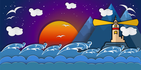 Lighthouse with ocean paper art style design. Lighthouse with clouds, moon, mountains, gulls and waves. Sea landscape, cartoon marine background. Origami and travel concept. Stock vector illustrationのイラスト素材