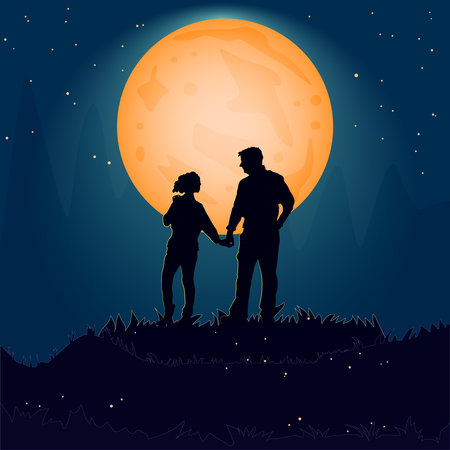 Silhouette couple man and woman holding hand together on hill under moonlight.のイラスト素材