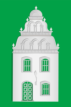 Paper house isolated on green background. Origami city building with windows and door. Cottage exterior of white paper cut art and craft style design. For banner, poster, card. Stock vector illustratiのイラスト素材