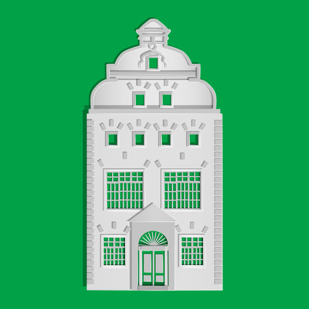 Paper house isolated on green background. Origami city building with windows and door. Cottage exterior of white paper cut art and craft style design. For banner, poster, card. Stock vector illustrationのイラスト素材