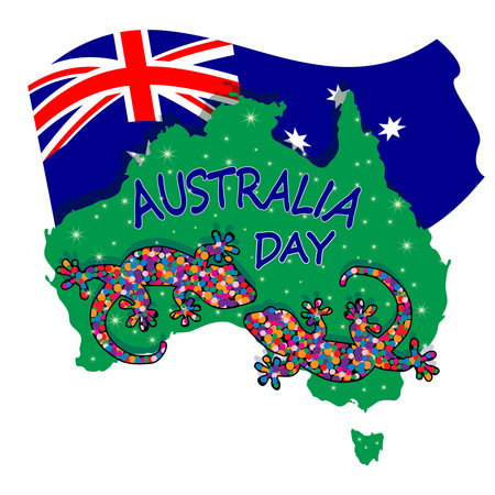 Map of Australia with two lizards and flag isolated on white background. Australian continent. Australia day. Naidoc week. Union jack. Reconciliation Day. Travel to australia poster design. Stock vector illustrationのイラスト素材