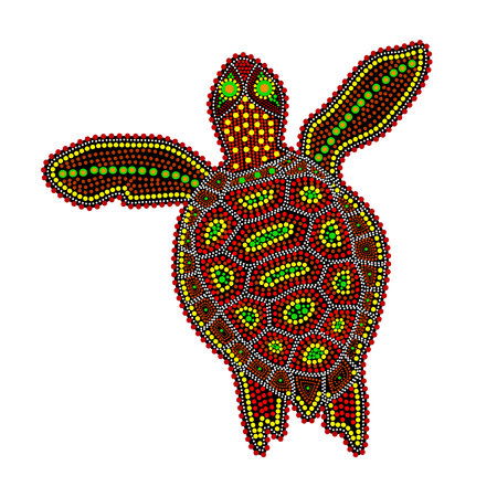Turtle isolated on white background. Australia aboriginal turtle dot painting. Aboriginal styled colorful tortoise. Decorative ethnic style. Element for flyer, poster, banner, placard, brochure. Stock vector illustrationのイラスト素材