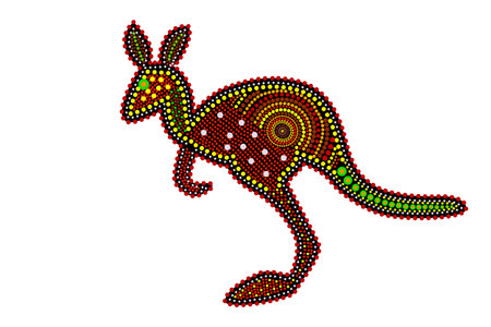 Kangaroo isolated on white background. Australia aboriginal kangaroo dot painting. Aboriginal tribal styled kangaroo. Decorative ethnic style. Element for flyer, poster, banner, placard, brochure. Stock vector illustrationのイラスト素材