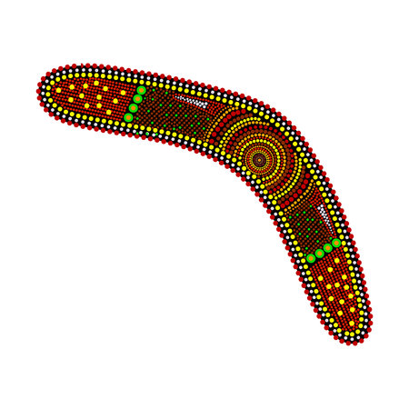 Boomerang isolated on white background. Australia aboriginal boomerang dot painting. Aboriginal tribal styled weapon. Decorative ethnic style. Element for flyer, poster, banner, placard, brochure. Stock vector illustrationのイラスト素材