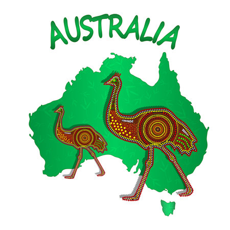 Map of Australia with two emu isolated on white background. Australian continent. Australia Aboriginal day. Naidoc week. Union jack. Reconciliation Day. Travel to australia poster design. Stock vector illustrationのイラスト素材