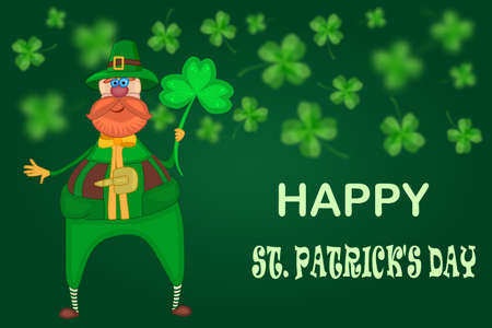 Leprechaun and clover on green background. Happy St. Patrick's Day banner with leprechaun or elf and shamrock clover leaf on green blur backdrop. Irish symbols of the holiday. Greeting card with congratulate text. Stock vector illustrationのイラスト素材