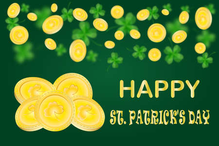 Golden coins and clover on green background. Happy St. Patrick's Day banner with gold, money and shamrock clover leaf on green blur backdrop. Irish symbols of the holiday. Greeting card with congratulate text. Stock vector illustrationのイラスト素材