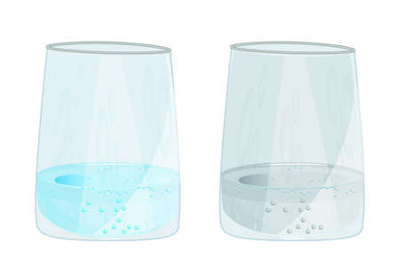 Glass with clean and dirty water isolated on white background. Water pollution and infection problem. Pure water from source and contaminated water with sludge, bacteria, microbes. Stock vector illustrationのイラスト素材