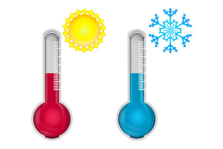 Hot and cold thermometers isolated on white background. Low and high temperature sign. Thermometer measuring heat and cold with sun and snowflake. Set of thermometers with red and blue indicator. Stock vector illustrationのイラスト素材