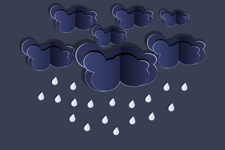 Cloud and rain isolated on dark background. Origami art rainy season. Storm weather concept with...