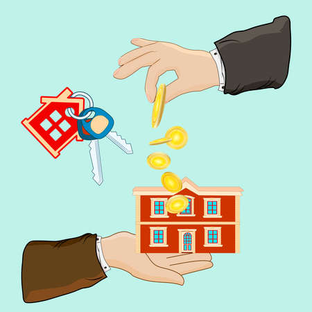 Buying house. Real estate, hand, house, key isolated on green background. Hand holds house and giving, receiving golden coins from other hand. Buyer, customer gives gold coin. Exchange of money for the keys to the house. Stock vector illustrationのイラスト素材
