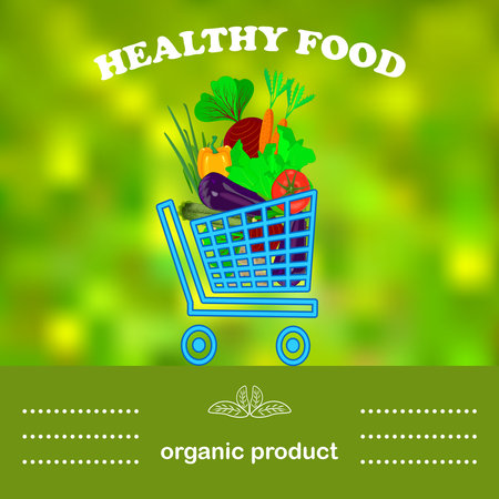 Shopping cart with different vegetables isolated on green blurred effect background. Healthy fresh food marketplace banner. Farmers bio market poster. Eco label of organic products. Think green concept. Stock vector illustrationのイラスト素材