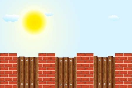 Wooden fence against the sky. Rural wooden fence with pillars of bricks and sky with sun and clouds. Red brick poles fence with brown wooden boards. Farm or garden palisade. Stock vector illustrationのイラスト素材