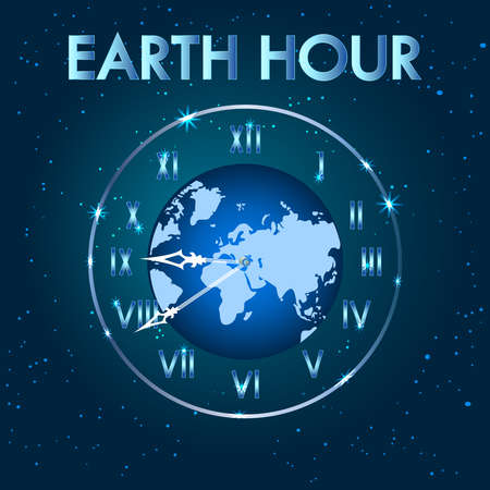 Earth hour. Earth planet clock. Earth globe with clock. Save our planet concept. Switch off the light for 1 hour. International action calling for the switching off of light for one hour. Stock vector illustrationのイラスト素材