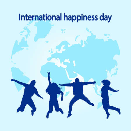 International Happiness Day. Happy jumping people silhouettes isolated on map background. World Happy Day banner. Stock vector illustrationのイラスト素材