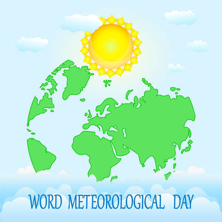World meteorological day. Greeting card with earth map, sun, clouds and text on blue backdrop.のイラスト素材