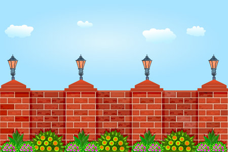 Brick fence against the sky. Fence with pillars of bricks, street lamps, green plants and blue sky. Red brick poles fence. Scenery of city park or street wall. Urban landscape, motives of architecture. Stock vector illustrationのイラスト素材