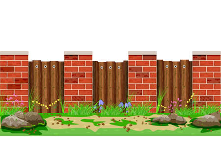 Wooden fence with grass and stones isolated on white background. Farm garden wood barrier with pillars of bricks.Scenery of city park or street wall in the village or country.Stock vector illustrationのイラスト素材
