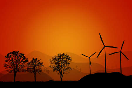 Landscape with wind turbines at sunset background. Silhouettes of windmill farm, trees and fence at sunrise sky. Shapes of modern windmills in natural environment as symbol of ecological renewable power. Green energy of the future. Stock vector illustrationのイラスト素材