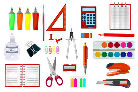 Stationery supplies set isolated on white background. School supplies and items collection. Study workspace accessories. Infographic elements. Back to school equipment. Stuff for office and education. Stock vector illustrationのイラスト素材
