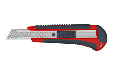 Red cutter knife isolated on white background. Stationery paper knife with retractable blade. Office knife icon. Tool for box cutter, repair and construction. Carpenter instrument. Stock vector illustrationのイラスト素材