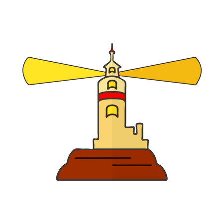 Lighthouse isolated on white background. Color beacon tower icon in simple flat style design. Building of lighthouse template. Lighthouse searchlight on island beach coast. Torch, sea mark for marine navigation of ships. Stock vector illustrationのイラスト素材