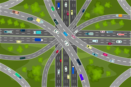 Road junction and bridges with many cars top view. Modern highway and transport. Intersections and overpasses. Vehicles moving on a road or public highway. Stream of heavy traffic. High speed autobahn with automobiles. Stock vector illustrationのイラスト素材