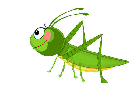 Cartoon grasshopper isolated on white background. Cute green cricket character. Insect mascot. Lovely bug icon. Bug icon. Friendly beetle. Symbol of nature, spring, summer. Stock vector illustrationのイラスト素材