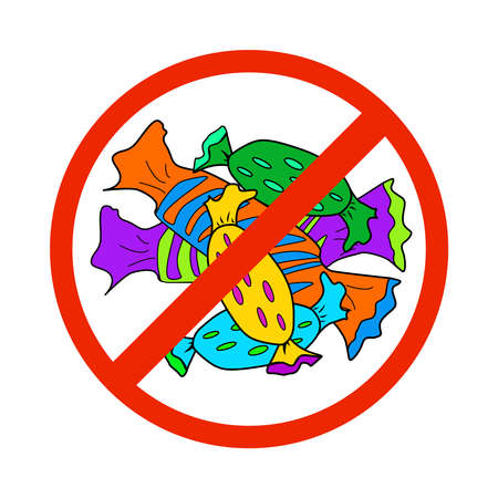 No sweets and candies prohibition sign isolated on white background. Unhealthy eating concept. Symbol don't eat candy. Lot of sugar is dangerous to health. Flat design cartoon style. Stock vector illustrationのイラスト素材