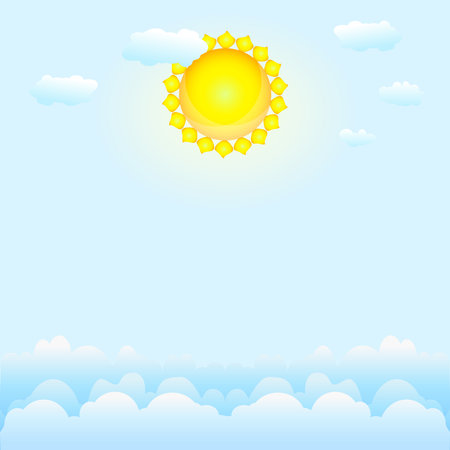 Cloudscape with blue sky, clouds and sun. Summer sunny day. Good weather wallpaper. Shiny heaven view background. Clear weather. Backdrop for weather forecast with copy space. Stock vector illustrationのイラスト素材