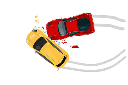 Car crash isolated on white background. Road collisition. Road accident icon. Damaged transport. City drive disaster. Two smashed vehicles top view. Two cars involved in a car wreck. Stock vector illustrationのイラスト素材