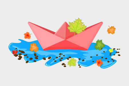 Paper boat with maple leaves in a puddle isolated on white background. Autumn concept. Paper vessel in blue pond. Origami ship. Hello autumn! Colorful seasonal icon. Stock vector illustrationのイラスト素材