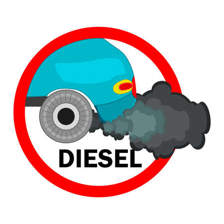Sign no diesel cars permitted isolated on white background. Road sign no diesel car. Diesel fuel ban sign. Traffic mark is prohibiting to use vehicles and cars with diesel engine. Traffic restriction signs. Stock vector illustrationのイラスト素材