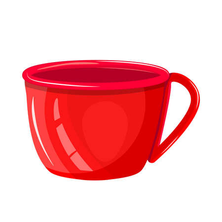 Red cup isolated on white background. Empty porcelain or glass mug for drinks front view. Ceramic coffee or tea cup icon. Cup with handle. For logo, label and banner of brand design. Stock vector illustrationのイラスト素材