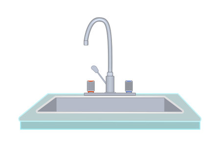 Kitchen sink with faucet isolated on white background. Steel home sink with tap icon. Toilet or bathroom washbasin. House plumbing, home convenience or domestic equipment. Stock vector illustrationのイラスト素材