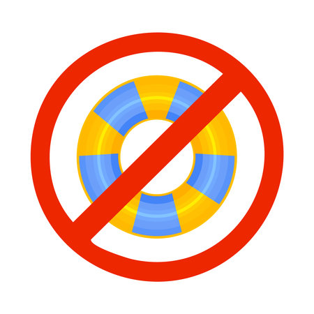 Inflatable wheel in ban sign isolated on white background. Warning sign no lifeguard on duty. Swim at your own risk. Warning sign on the responsibility of bathing. Prohibition symbol no inflatables. Stock vector illustrationのイラスト素材