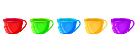 Different color cups set isolated on white background. Ceramic or porcelain colorful mugs. Tea or coffee bright cups with handle. Side view. Dish icons. For label, tag, sign. Stock vector illustrationのイラスト素材