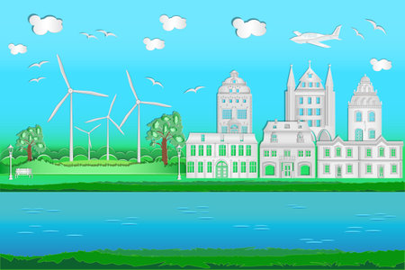 Cityscape with origami houses, river, windmills, airplane, blue sky and clouds. Green friendly and save energy urban landscape. Eco city of paper art style. Environment conservation concept. Stock vector illustrationのイラスト素材