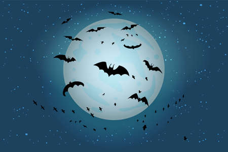 Spooky black bats group on fullmoon background. Halloween night starry sky with silhouettes of flying bats flock over moon. Halloween moon. Bats in the moonlight. Stock vector illustrationのイラスト素材