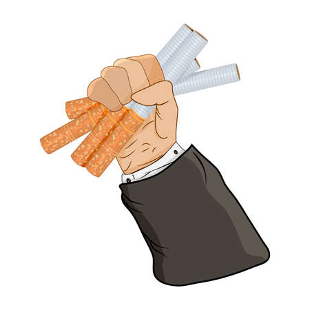 Cigarettes in fist hand isolated on white background. Heap cigarettes in man hand. Giving up smoking, stop smoking concept. World No Tobacco Day. Male hand holding stack cigarettes. Quit smoking. Stock vector illustrationのイラスト素材