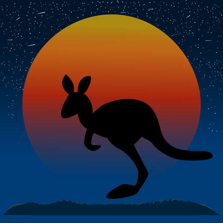 Kangaroo silhouette at sunset background. Sundown in Australia with stars sky and wallaby figure. Travel poster or banner. Australia Day. Kanga at orange full moon in desert. Stock vector illustrationのイラスト素材