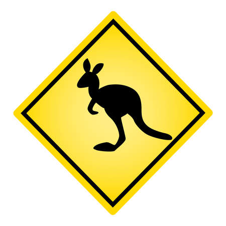 Kangaroo sign isolated on white background. Danger yellow rhombus road sign with kangaroo silhouette. Panel for warning safety traffic about at roadside wildlife animals. Kangaroos crossing symbol. Stock vector illustrationのイラスト素材