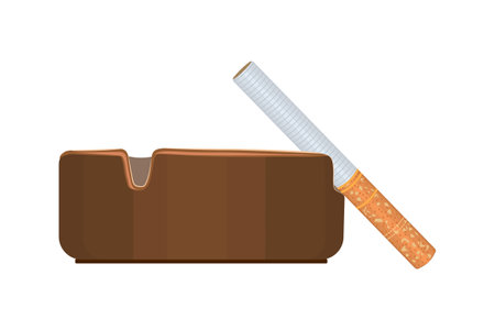 Ashtray with cigarette isolated on white background. Cigarette in brown ceramic ashtray. Crockery for smoking. Side view. Bad habit. Stop smoking and healthy lifestyle concept. Stock vector illustrationのイラスト素材