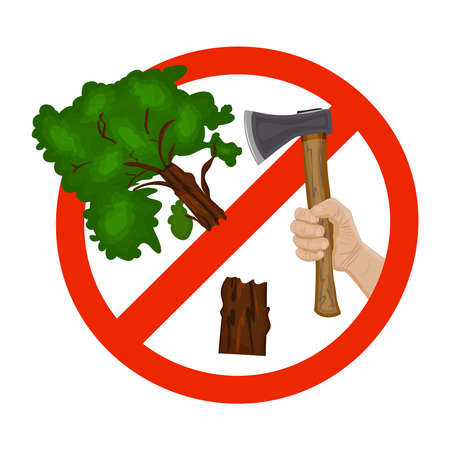 Deforestation sign isolated on white background. Stop deforestation, halt wood trees felling. Nature protection. Save forest icon. Do not cut trees, do not destroy forest symbol. Stock vector illustration;のイラスト素材