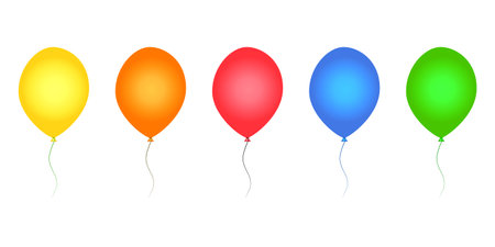 Colorful balloons set isolated on white background. Collection of yellow, orange, red, blue and green helium balloon. Balloons of round shapes and different colors. Birthday, party, celebration flying round balloon design. Stock vector illustrationのイラスト素材